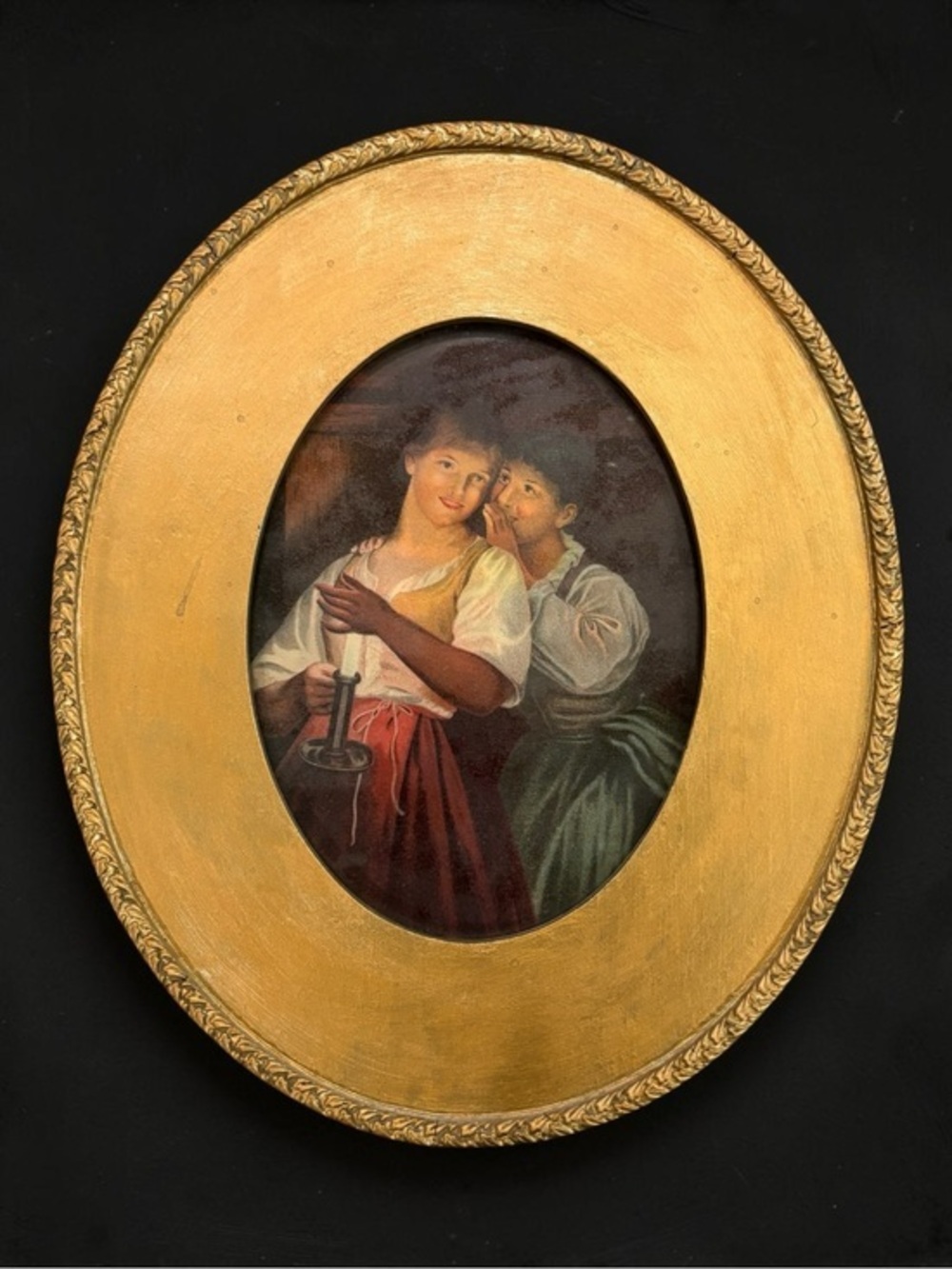 Antique Mid 19th Century The Gossips by G. Hom Gold Oval Framed Oleograph Print